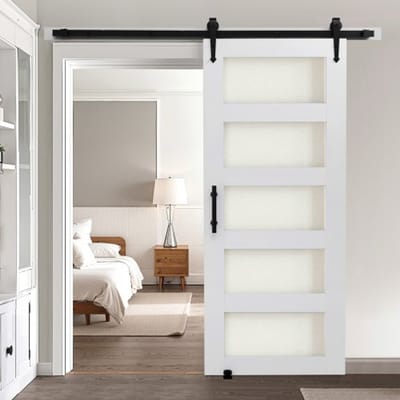 VEVOR Schuifdeursysteem (914 x 2134 mm) Gemaakt van zeer sterke MDF-platen en matglas, schuurdeur met bevestigingsset en waterdicht PVC-oppervlak en H-frame voor badkamer