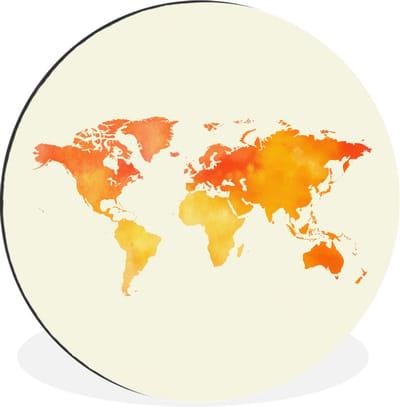 WallCircle - Wandcirkel - Muurcirkel - Wereldkaart - Oranje - Kleurrijk - Aluminium - Dibond - 30x30 cm - Binnen en Buiten