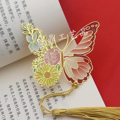 Metalen Boekenleggers met Vlinder en Bloem in Chinese Stijl, Exquise Holle Kwast Hanger, Boekclip, Leesgereedschap voor Studenten, Schoolbenodigdheden