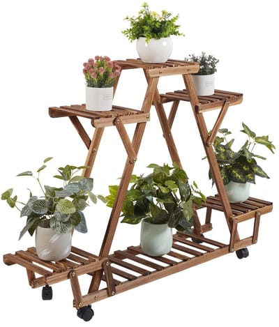 NaevaMi Plantenrek op Wielen - Plantenrek Binnen/Buiten/Balkon - Plantenrekken - Plantenrek Hout - Driehoek - Op Wielen - 6 Lagen - Totaal Max. 38kg - 91x25x81cm