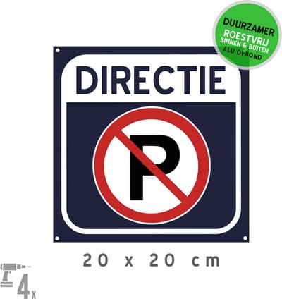 Pictogram/ bord Dibond + boorgaten | Parkeerverbod "Directie" | 20 x 20 cm | Verboden te parkeren | Bedrijfsparking | Roestvrij | Directieleden | Vierkant | 1 stuk