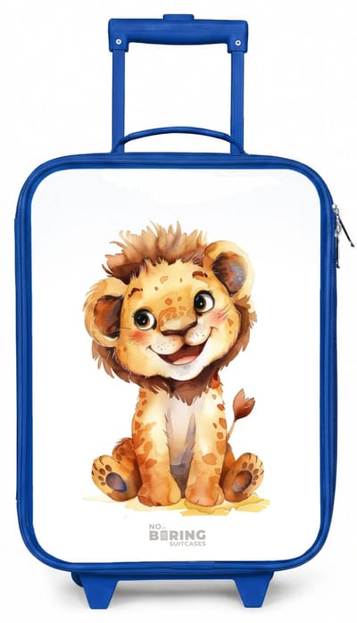 NoBoringSuitcases.com® - Kinderkoffer blauw - Kindertrolley jongen - Baby leeuw - Koffer kind lichtgewicht - Reiskoffer trolley voor kinderen - Koffertje met lichtgevende wieltjes - Rolkoffer