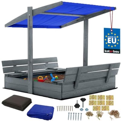 KOTARBAU® Houten Zandbak - 120 x 120 cm - Grijs - Zandbak met Bankjes - met Blauw Dak - en Grondzeil - voor Tuin - Buitenspeelgoed