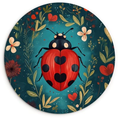 WallCircle® Wandcirkel 120x120 cm - Muurcirkel Bloemen - Lieveheersbeestje - Hartje - Rood - Muurdecoratie woonkamer - Wanddecoratie slaapkamer - Kamer decoratie accessoires - Ronde schilderijen XXL