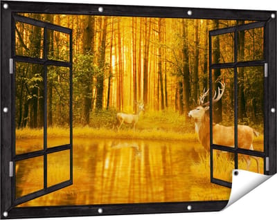 Gards Tuinposter Doorkijk Twee Herten in het Bos bij het Water - 120x80 cm - Tuindoek - Tuindecoratie - Wanddecoratie buiten - Tuinschilderij