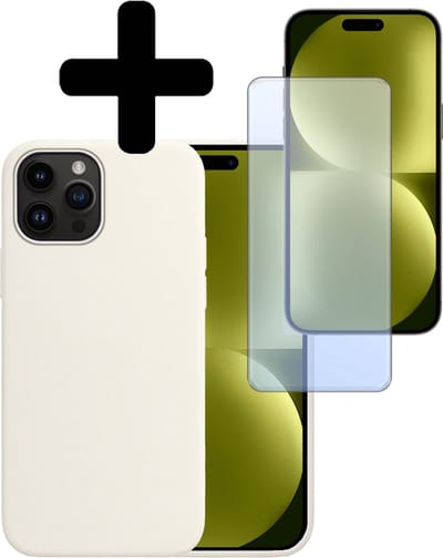 Hoesje - Met Screenprotector - Geschikt voor Apple iPhone 15 Pro - Sterk & Shockproof - Back Cover - Siliconen Case - Telefoon Hoes - Telefoonhoesjes - Wit