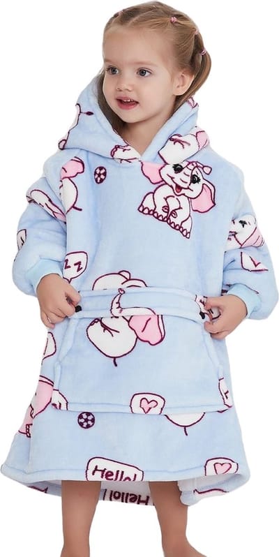 Hoodie deken kind - Fleece kinder poncho - plaid met mouwen en capuchon voor kinderen - oversized hoodie kind - fleece deken met mouwen – hoodie plaid voor kinderen - hoodie blanket – zacht & warm - maat 116 t/m 134 - olifant