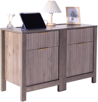 Farmhouse bijzettafel, set van 2, vierkante nachtkastje met USB-aansluitingen en stopcontacten, 3 niveaus met opbergkast en 2 lades, voor woonkamer, slaapkamer, kantoor, grijs