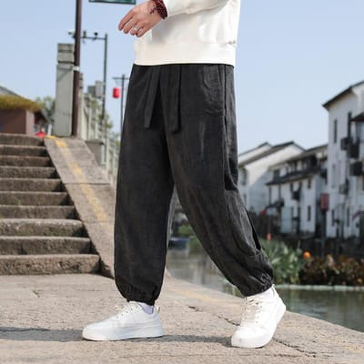 Heren Lente en Herfst Chinese Stijl Corduroy Casual Broek Strikvoeten Sportbroek Pofbroek Wijde Pijpen 5XL gray
