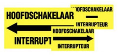 Hoofdschakelaar en interrupteur pijl links bord - kunststof - geel zwart 200 x 75 mm