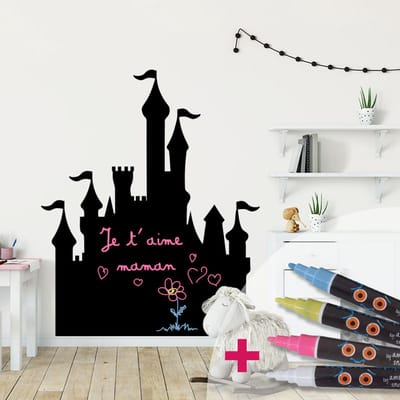 Schoolbord muursticker - uitwisbare zelfklevende muursticker - PRINSESSENKASTEEL + 4 VLOEIBARE KRIJTJES - 105x85cm