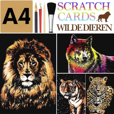 Ainy - Scratch Art Wilde Dieren (A4) | 4 krastekening incl. gereedschappen | DIY kras tekeningen | Schilderen op kleuren kunst | hobby & creatief voor volwassenen en kinderen ( meisjes ) | Knutselen - ontspanningspakket | Schilderijen set nummer 6