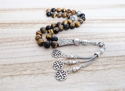 Handgemaakte tesbih "tasbih" natuursteen "Tijgeroog" - Aantal kralen 33 - Diameter kralen 10 MM - met metaal tassel "model 15" - Een mooi cadeau-idee