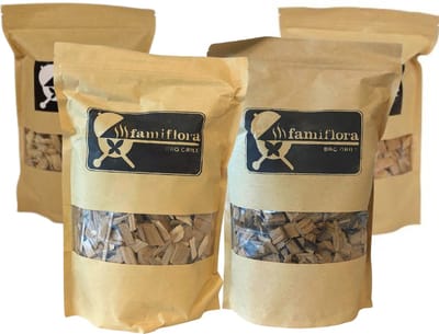 Famiflora assortiment barbecue rooksnippers - Rode wijn (1700ML) - Orange (500gr) - Cognac (500gr) - Hickoryhout (1700ML)