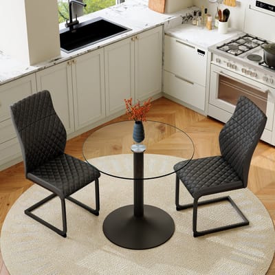OKWISH Eethoek Set 85 Cm - Ronde Glazen Tafel Met 2 Eetkamerstoelen - Voor Kleine Eethoek Of Keuken - Metaal PU En Glas