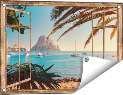 Gards Tuinposter Doorkijk Ibiza Cala d'Hort Strand - 60x40 cm - Tuindoek - Tuindecoratie - Wanddecoratie buiten - Tuinschilderij