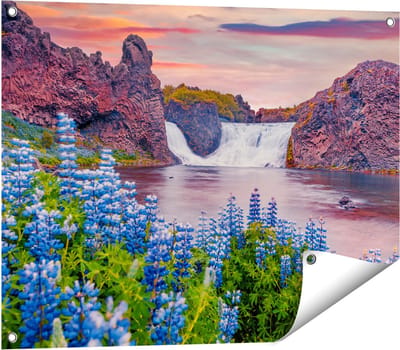 Gards Tuinposter Waterval met Blauwe Lupine Bloemen - 80x60 cm - Tuindoek - Tuindecoratie - Wanddecoratie buiten - Tuinschilderij