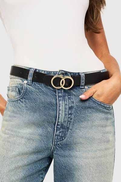 boohoo Dames Double Gold Ring Detail Boyfriend-riem | Zwart | Maat: Small/Medium