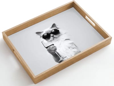 Dienblad hout 50x35 cm - Schootdienblad - Kat - Zonnebril - Wijnglas - Langharig - Borrelplank rechthoek - Plateau dienbladen
