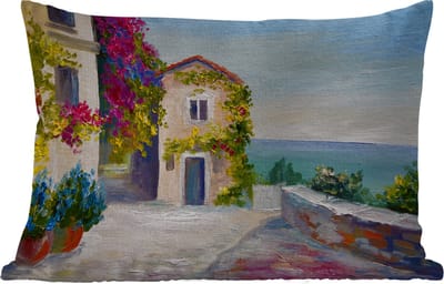 Buitenkussens - Tuin - Schilderij - Huis - Olieverf - Dorp - 50x30 cm