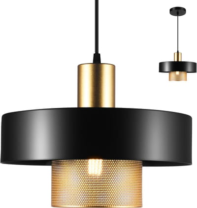 Hanglamp - Industriële Pendellamp en Eettafel Hanglamp E27, Metalen Lampenkap Zwart/Goud Ø30 cm voor Keuken en Eetkamer - Zonder Lichtbron