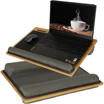 Laptopkussen Met Muismat en Telefoonhouder - Zwart - Bamboe - Laptoptafel voor in Bed - Schootkussen - Polssteun - Zwart - 11 inch t/m 17 inch