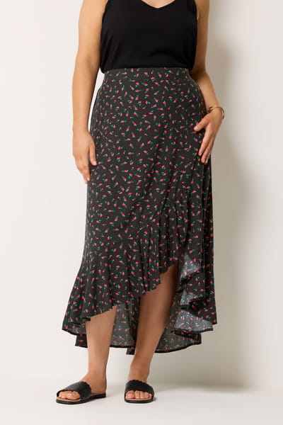 Yours Zwarte Rok Met Fijne Bloemenprint En Ruches Size 42