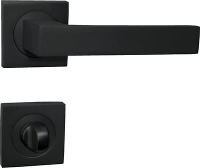 Deurkrukgarnituur, voor badkamer, vierkante rozet, voor badkamerdeuren, set wc-rozetset, deurbeslag van aluminium, zwarte deurkrukgarnituur