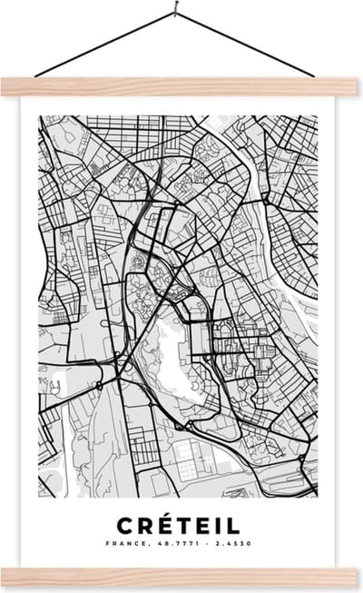 Posterhanger incl. Poster 40x60 cm - Schoolplaat - Frankrijk - Plattegrond - Kaart - Créteil - Stadskaart - Textielposter - Blanke latten - Stadskaart