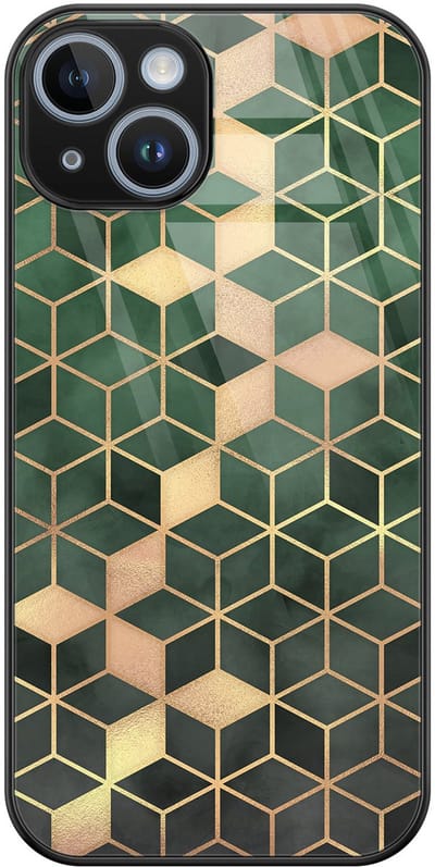 Hoesje geschikt voor iPhone 14 - Groen kubus - Luxe Glazen Hardcase - Hippe print - Groen - Leuke Telefoonhoesjes