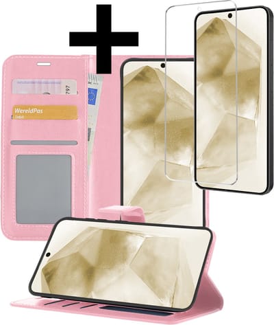 Hoesje - Met Screenprotector - Geschikt voor Samsung Galaxy A55 - Luxe Pasjeshouder - Bookcase Portemonee - Flip Case - Kunstleer Book Case - Flipcase - Book Cover - Walletcase - Portemonneehoes - Telefoonhoesjes - Lichtroze