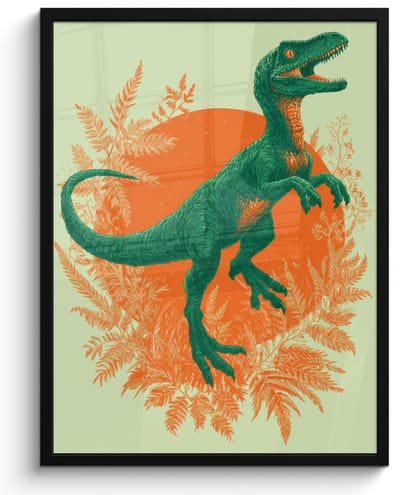 Poster in lijst - Fotolijst 60x80 cm - Posters - Dinosaurus - Groen - Planten - Cirkel - Posterlijst zwart - Decoratie - Wanddecoratie woonkamer - Muurdecoratie slaapkamer