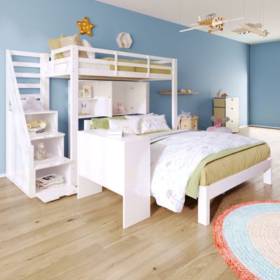 DESMIU Stapelbed 140x200cm En 90x200cm Zonder Matras Multifunctioneel Kinderbed Met Opbergtreden En Verplaatsbaar Bijzettafeltje Wit