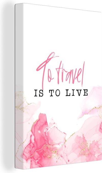Canvas Schilderij Spreuken - Quotes - To travel is to live - Goud - 20x30 cm - Wanddecoratie