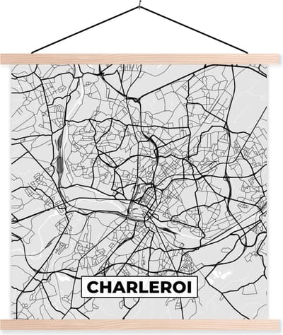 Posterhanger incl. Poster 40x40 cm - Schoolplaat - Stadskaart – Plattegrond – België – Zwart Wit – Charleroi – Kaart - Textielposter - Blanke latten - Stadskaart