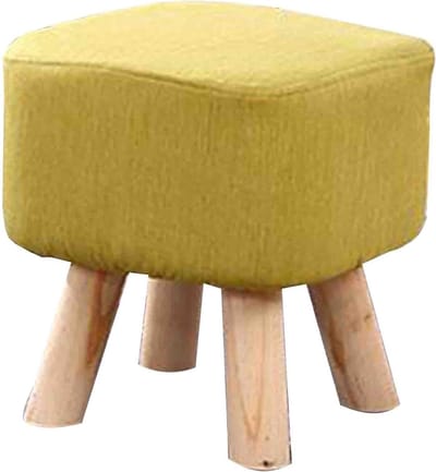 Houten Voetbank - Kleine Poef - Ontspanning Thuis - Afneembare Linnen Hoes - 35x35x35cm - Geel