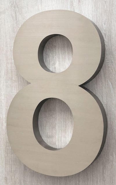 Huisnummer 8 RVS 3D Groot XXL - Hoogte 40 cm - Dikte 3 cm - Type 3D/40/RVS Arial.