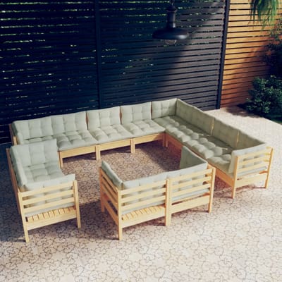 vidaXL - 12-delige - Loungeset - met - crèmekleurige - kussens - grenenhout