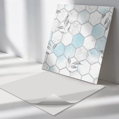 Wallfluent Vinyl Tegels - Zeshoekig Patroon met Bladeren Vloer Tegels PVC - 30 cm x 30 cm - Turkoois PVC Tegels - Verpakking van 9 stuks - Vierkant PVC Tegels - Texturen Plaktegels - Zelfklevende PVC Tegels - Plaktegels Keuken en Badkamer