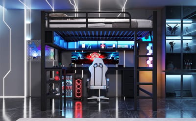 Metalen Gaming Hoge Bed 140x200 - Hoogslaper met Boekenplank, Bureau, Kledingkast, USB en LED-Verlichting - Zwart - Ruimtebesparend Design met App-Besturing