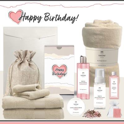 Geschenkset “Happy Birthday!” - 11 producten - 1660 gram | Triomf Original - Giftset voor haar Cadeau Valentijnsdag Luxe wellness cadeaubox Vrouw Ik hou van jou Cadeaupakket Kerst Geschenk Moeder Verjaardag Gift Set Valentijn Vriendin Beige