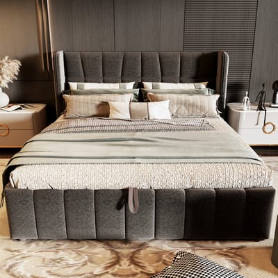 MIVRAY Gestoffeerd Bed 180x200 cm Zonder Matras - Tweepersoonsbed Met Opbergruimte En Lattenbodem - Stoffen Bedframe Van Metaal En MDF - Grijs