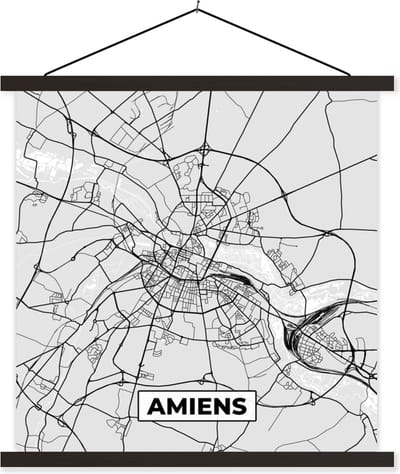 Posterhanger incl. Poster 60x60 cm - Schoolplaat - Plattegrond - Kaart - Stadskaart - Frankrijk - Amiens - Textielposter - Zwarte latten - Stadskaart