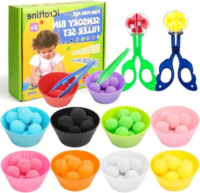 Set van 114 sensorische vuilnisbakken met 10 sorteerkommen, 100 pompons, 2 tangen, 2 schaar voor de vroege opvoeding van kinderen, tellen en trainingsontwikkeling