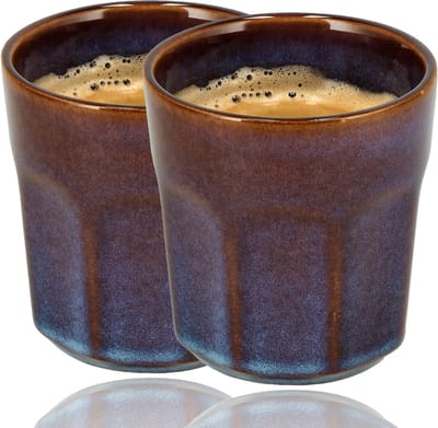 Koffiekopjes Set van 2 – Keramische Bekers 200ml Zonder Oor – Espresso Kopjes en Cappuccino Bekers – Blauw/Bruin Glazuur – Aardewerk Koffiemokken – Voor Koffie en Thee