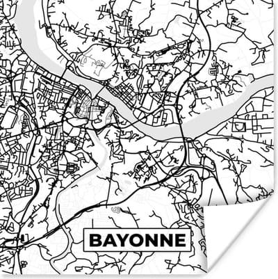 Poster Kaart - Plattegrond - Frankrijk - Stadskaart - Bayonne - Zwart wit - 100x100 cm XXL