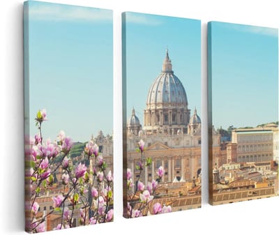 Artaza Canvas Schilderij Drieluik Sint Pietersbasiliek in Rome met Bloemen - 120x80 cm - Wanddecoratie Woonkamer - Schilderijen - Muurdecoratie
