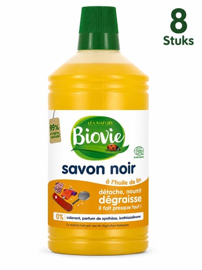 Biovie Vloeibare Zwarte Zeep met Lijnzaadolie 1 Liter - Set van 8 Flessen (8 L Totaal) - Ecocert Gecertificeerde Savon Noir - Multifunctionele Ecologische Reiniger - Made in France