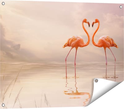 Gards Tuinposter Twee Flamingo's in een Hartjes Vorm - 80x60 cm - Tuindoek - Tuindecoratie - Wanddecoratie buiten - Tuinschilderij