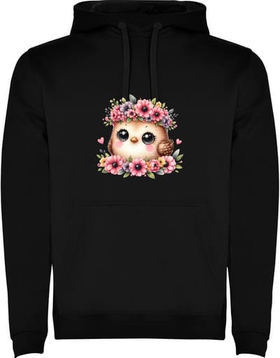 Zwarte Hoodie Kleurrijke Kleine Vogel - Te Schattig - Diva Vogel - Vol met Bloemen - Cartoon - Humor Maat M